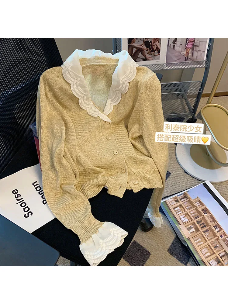 Женский трикотажный кардиган с вышивкой, кружевной вязаный кардиган в стиле пэчворк, Мягкий Роскошный свитер с воротником «Питер Пэн», Осен... 
Женский трикотажный кардиган с вышивкой, кружевной вязаный кардиган в стиле пэчворк, Мягкий Роскошный свитер с воротником «Питер Пэн», Осен...