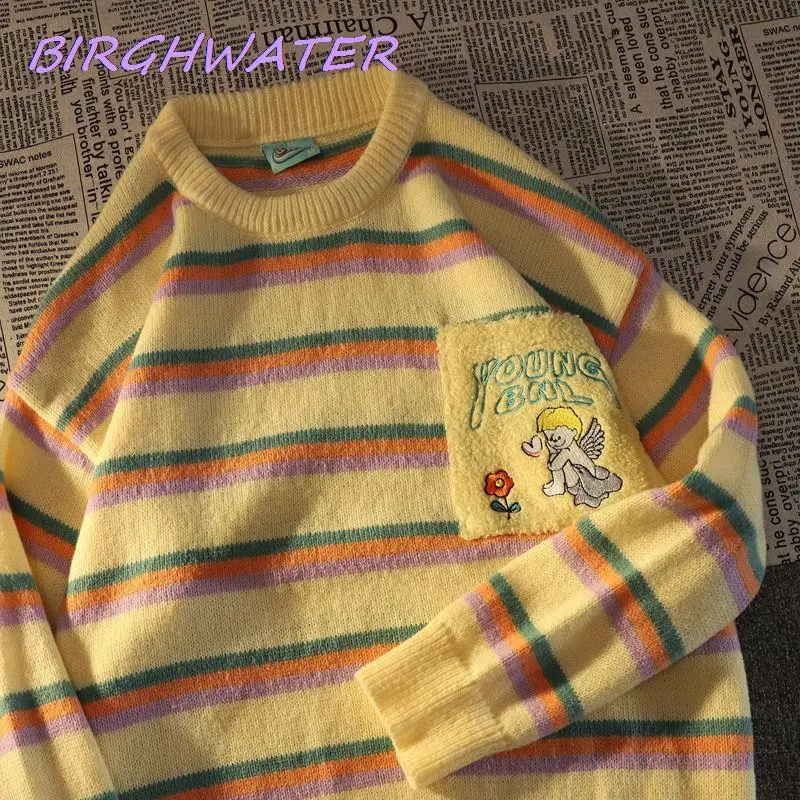 Women Sweater Japanese Color Little Angel Flower Pattern Embroidery Striped Tops 2022 Fashion Round neck Loose Womens Sweaters
Women Sweater Japanese Color Little Angel Flower Pattern Embroidery Striped Tops 2022 Fashion Round neck Loose Womens Sweaters