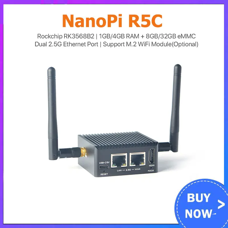 NanoPi R5C Rockchip RK3568B2 A55 Dual 2.5G Ethernet Port Support M.2 WiFi Module Linux/Openwrt/Debian/Ubuntu
NanoPi R5C Rockchip RK3568B2 A55 Dual 2.5G Ethernet Port Support M.2 WiFi Module Linux/Openwrt/Debian/Ubuntu