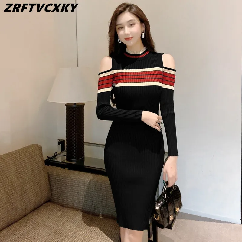Sexy Dress Ladies Party Fashion Off Shoulder Color Block Striped Sheath Knitted Dresses Womens Elegant Sweater Split Dress 2022
Sexy Dress Ladies Party Fashion Off Shoulder Color Block Striped Sheath Knitted Dresses Womens Elegant Sweater Split Dress 2022