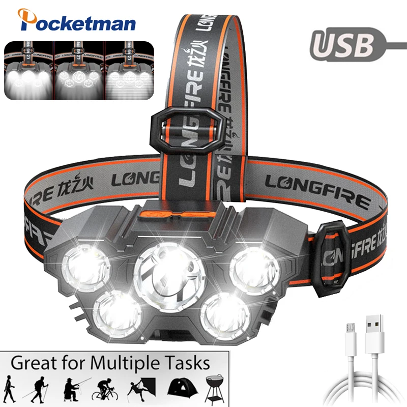 Powerful 5 LED Headlamp USB Rechargeable Headlight Waterproof Head Lamp Head Flashlight for Camping Hiking Fishing Adventure
Powerful 5 LED Headlamp USB Rechargeable Headlight Waterproof Head Lamp Head Flashlight for Camping Hiking Fishing Adventure