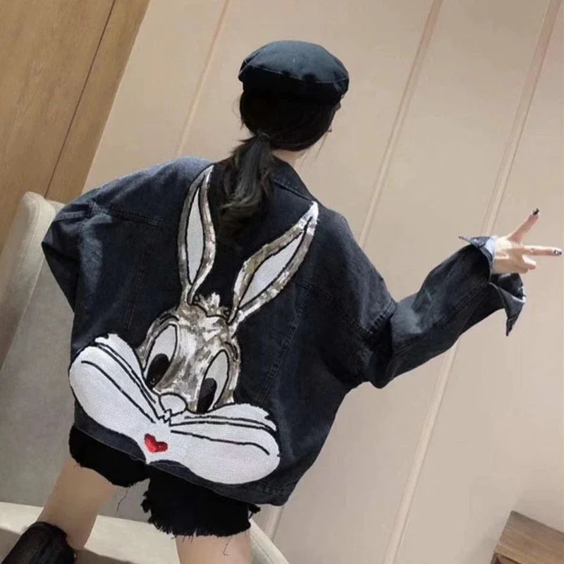 Cartoon Sequined Oversized Jacket Denim Bling Bling Loose Preppy Style Embroidered Short Coat Character Outfits 4 season 
Cartoon Sequined Oversized Jacket Denim Bling Bling Loose Preppy Style Embroidered Short Coat Character Outfits 4 season