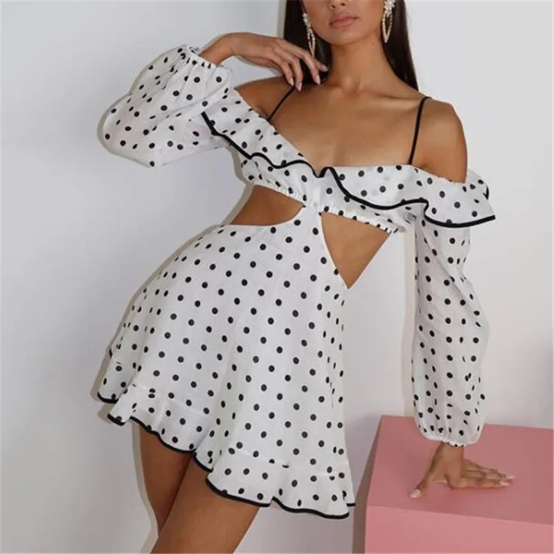 French Style Women Polka Dot Print Mini Dress Sexy Spring Summer Slash Neck Long Sleeve Hollow out waist Ruffle Dresses Vestdios
French Style Women Polka Dot Print Mini Dress Sexy Spring Summer Slash Neck Long Sleeve Hollow out waist Ruffle Dresses Vestdios