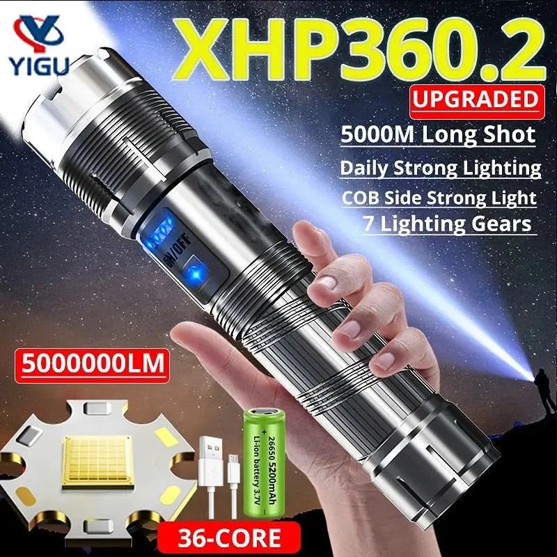 

500000 Lumens XHP360-36core LED Flashlight Powerful Torch USB Rechargeable Tactical Flash Light Power Bank 5200mAh Camping Lamp