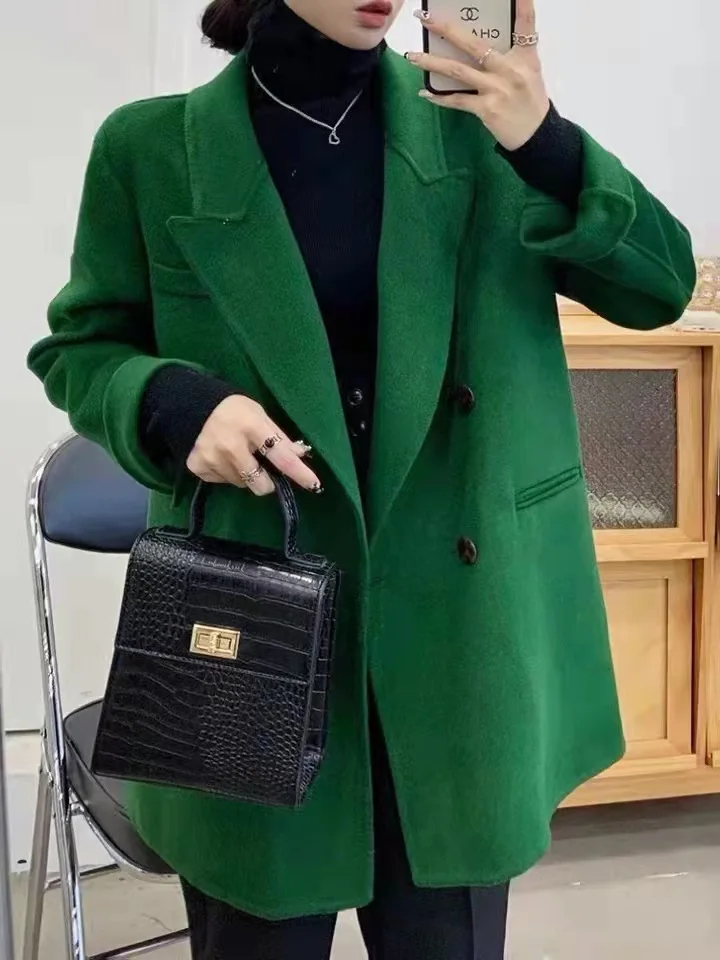 Женское двубортное кашемировое пальто, однотонное зеленое шерстяное пальто в Корейском стиле, одежда для осени и зимы, 2022 
Женское двубортное кашемировое пальто, однотонное зеленое шерстяное пальто в Корейском стиле, одежда для осени и зимы, 2022