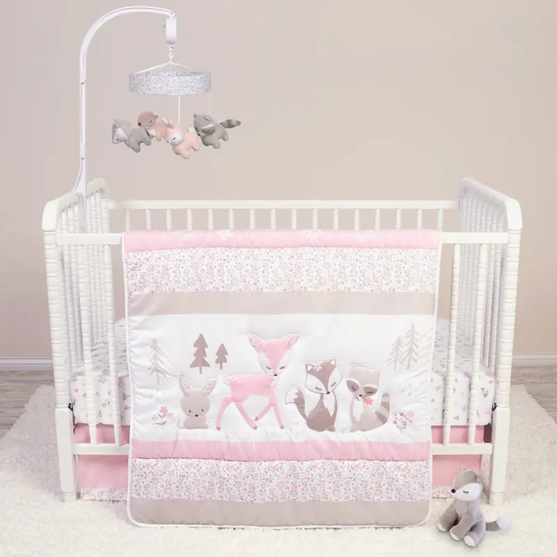 Sweet Forest Friends Infant 5 Piece Microfiber Crib Bedding Set. Colors of Light Pinks and Gray. Quilt is 100% Polyester Fill.
Sweet Forest Friends Infant 5 Piece Microfiber Crib Bedding Set. Colors of Light Pinks and Gray. Quilt is 100% Polyester Fill.