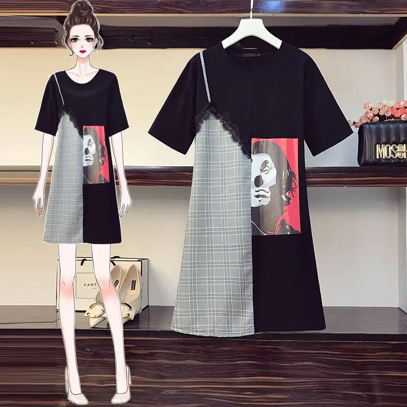 Summer New Patchwork Long T Shirt Round Neck Short Sleeve Printing Fake Two Piece Mini Dress Casual Fashion Women Clothing
Summer New Patchwork Long T Shirt Round Neck Short Sleeve Printing Fake Two Piece Mini Dress Casual Fashion Women Clothing