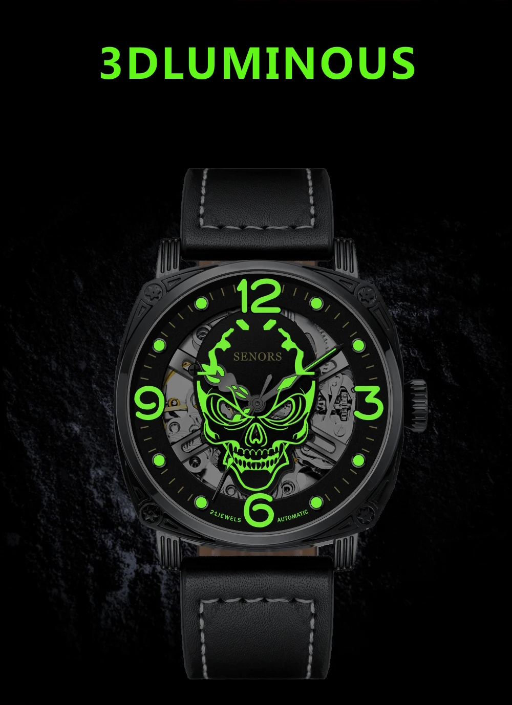 Automatic Mechanical Men Watch 3D Luminous Dial Pointer Antique Square Skeleton Skull Head Engraved Business Man Male Wristwatch
Automatic Mechanical Men Watch 3D Luminous Dial Pointer Antique Square Skeleton Skull Head Engraved Business Man Male Wristwatch