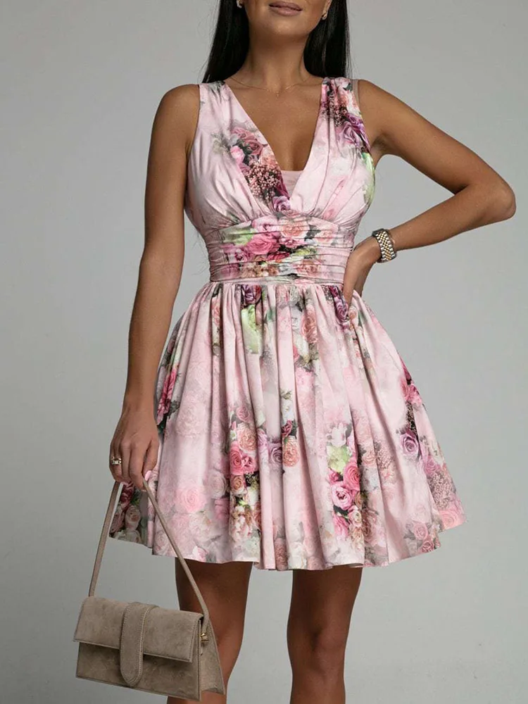 Elegant Floral Print Pleated Short Dress Sexy V-neck Sleeveless Slim Mini Dress Summer Women Fashion Backless Beach Party Dress
Elegant Floral Print Pleated Short Dress Sexy V-neck Sleeveless Slim Mini Dress Summer Women Fashion Backless Beach Party Dress
