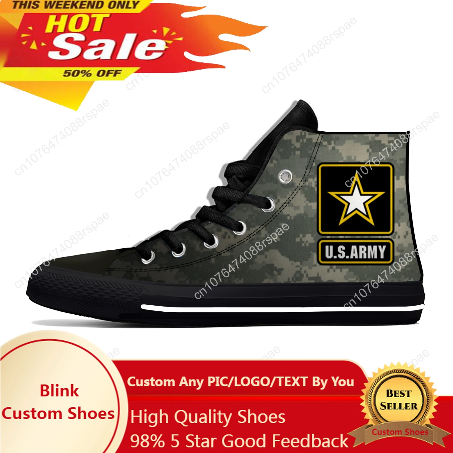 Hot Cool Summer U.S. ARMY Emblem Logo Strong Camouflage Novelty Design High Top Canvas Shoes Men Women Casual Classic Sneakers
Hot Cool Summer U.S. ARMY Emblem Logo Strong Camouflage Novelty Design High Top Canvas Shoes Men Women Casual Classic Sneakers