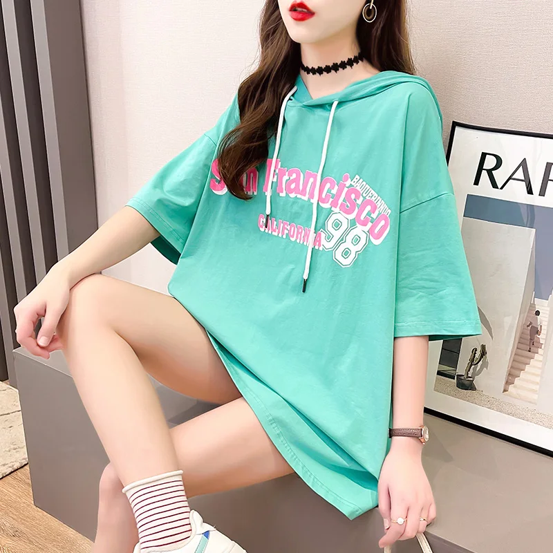 Pure Cotton Patchwork Letter Print Loose Hooded Mid-length Short-sleeved Tshirts Plus Size Top Women T-shirt
Pure Cotton Patchwork Letter Print Loose Hooded Mid-length Short-sleeved Tshirts Plus Size Top Women T-shirt