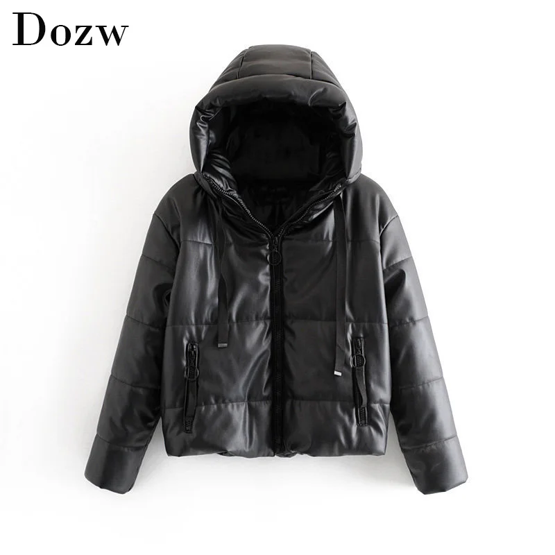 

Winter ashion PU Leather Black Coat Women Hooded Thicken Warm Jacket Long Sleeve Zipper Parkas Coat Lady Outerwear Veste emme