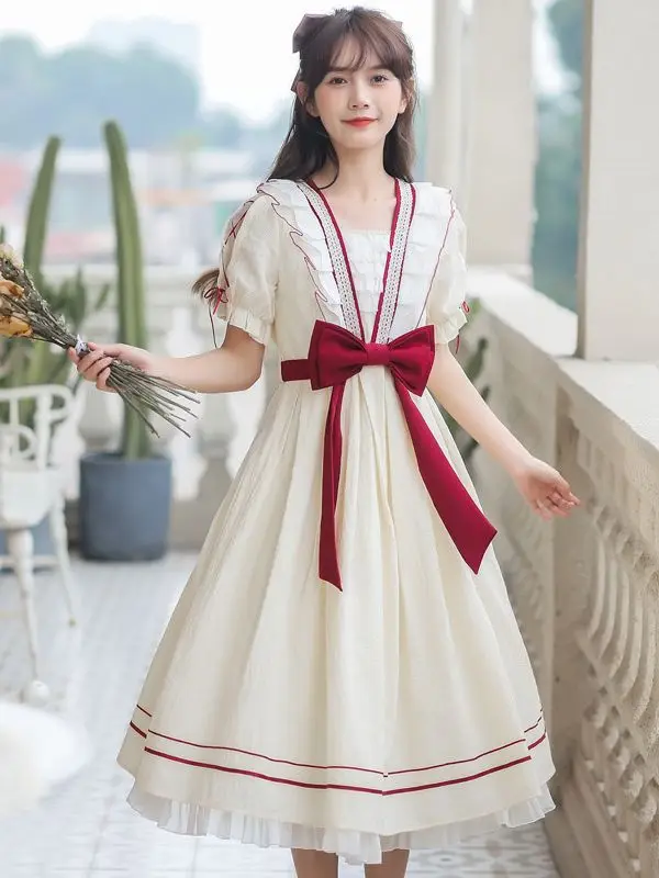 Summer New French High Waist Contrast Dress Color Elegant Retro Girl Short Sleeve Lolita Bow Dress
Summer New French High Waist Contrast Dress Color Elegant Retro Girl Short Sleeve Lolita Bow Dress