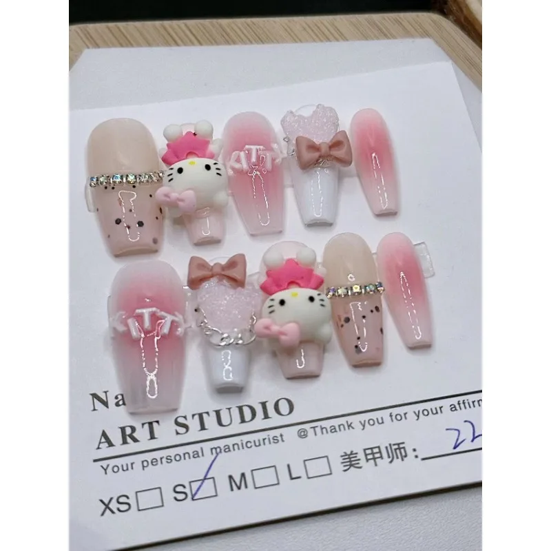 

Носимые ногти Sanrio аниме Y2K, ручная роспись, милые розовые ногти Hello Kitty, маникюрные накладки, готовая продукция, оптовая продажа, милый подарок