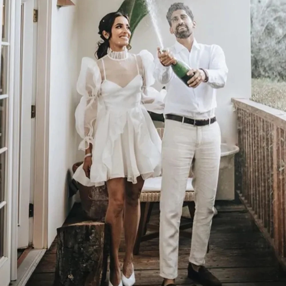 Short Puffy Sleeve Wedding Dresses Knee Length High Neck A-Line Bridal Gowns Tulle Mini Custom Occasion Gowns Vestido De Noiva
Short Puffy Sleeve Wedding Dresses Knee Length High Neck A-Line Bridal Gowns Tulle Mini Custom Occasion Gowns Vestido De Noiva
