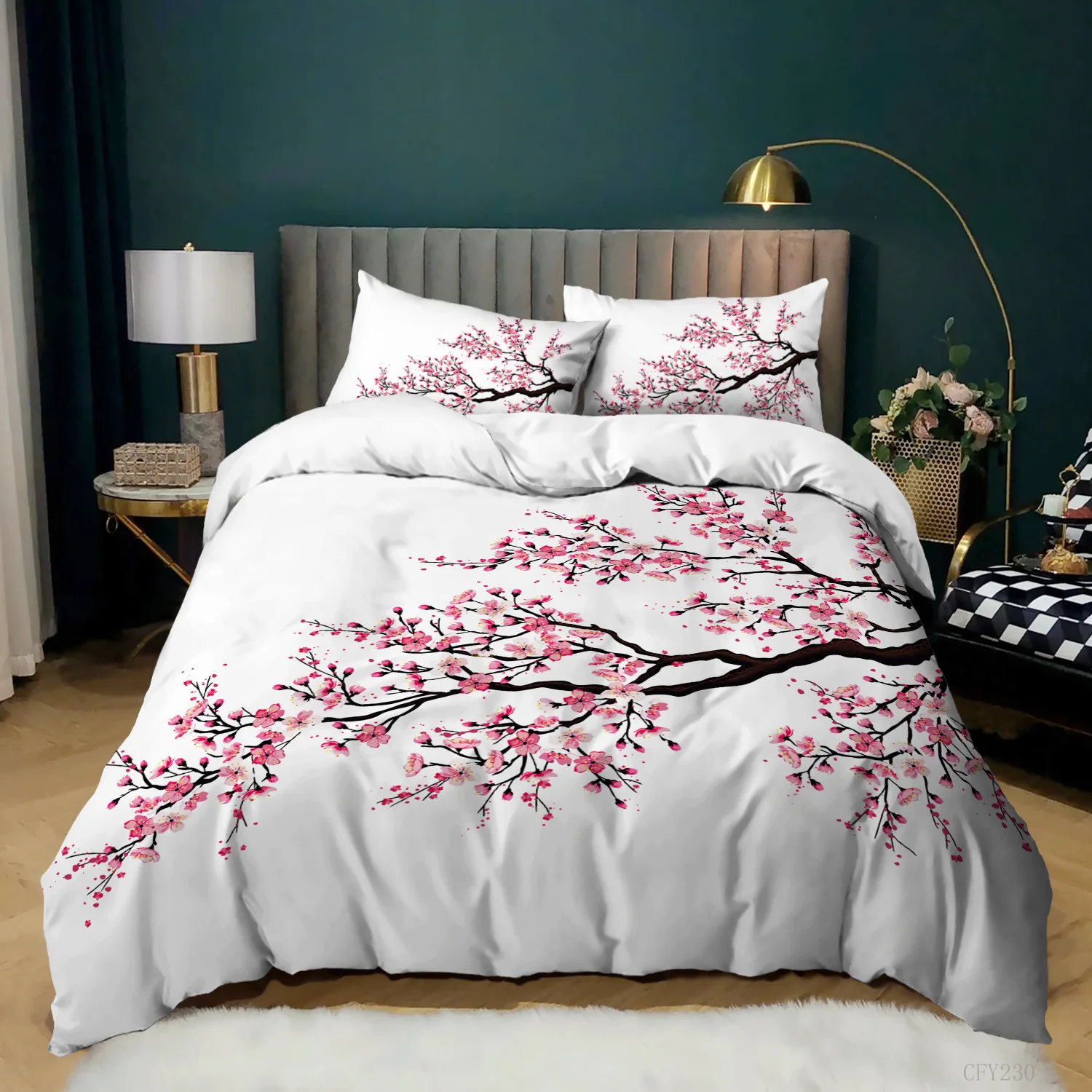 

Plum Blossom Bedding Set Red Flower Floral Comforter Cover for Kids Girls Teens Women,Japanese Ink Style Duvet Cover King Size