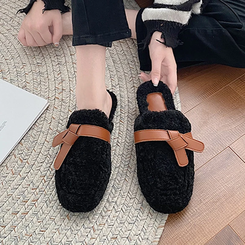 

Winter White Lambswool Cotton Shoes Women Slippers Warm Fluffy Curly Sheep Fur Flats Belt Mules Mocasines Mujer