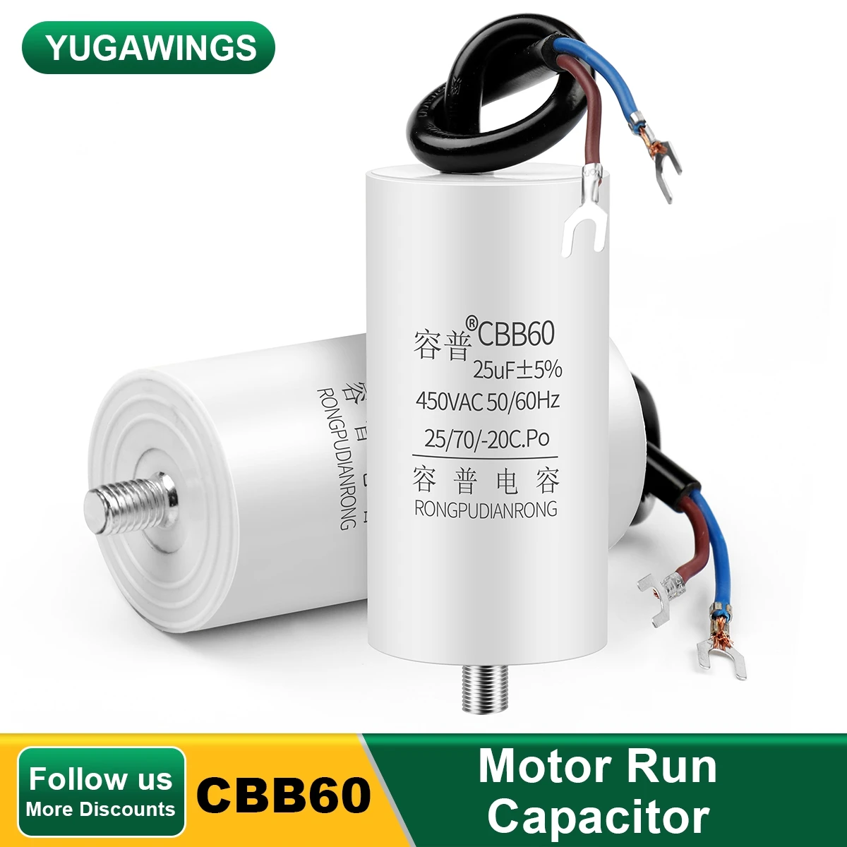 

CBB60 Motor Run Capacitor 450V 4UF~100UF Air Conditioner Capacitors Start Water Pump Washer Air Pump with Screws