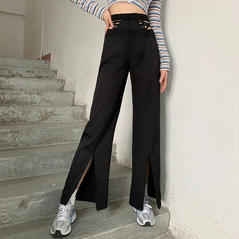 2021 New Flared Leg Trousers Women Full Length Black Casual Pants High Elastic Waist Oversized Solid Hollow Out Split Streetwear
2021 New Flared Leg Trousers Women Full Length Black Casual Pants High Elastic Waist Oversized Solid Hollow Out Split Streetwear