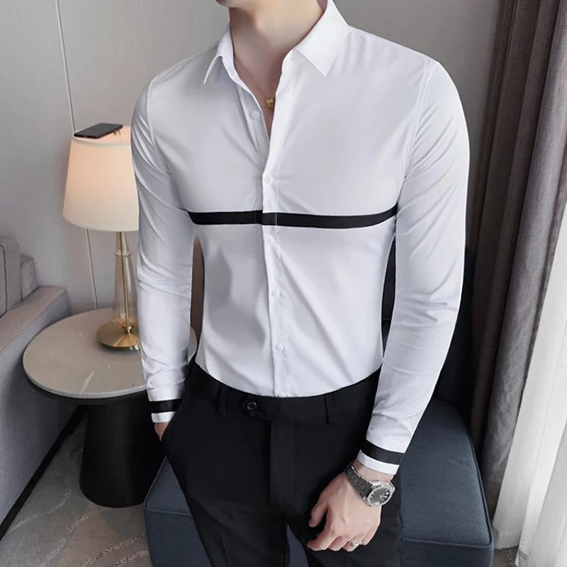 Мужская рубашка в полоску, с длинным рукавом и лентой
Мужская рубашка в полоску, с длинным рукавом и лентой