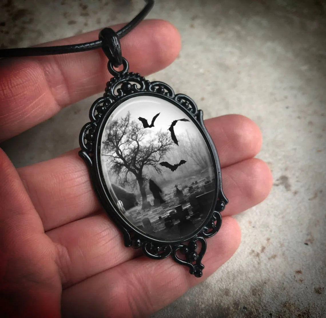 Gothic Bat Cemetery Charm Necklace For Women Man Fashion Witch Jewelry Accessories Gift Cemetery Glass Pendant Rope Chain Choker
Gothic Bat Cemetery Charm Necklace For Women Man Fashion Witch Jewelry Accessories Gift Cemetery Glass Pendant Rope Chain Choker