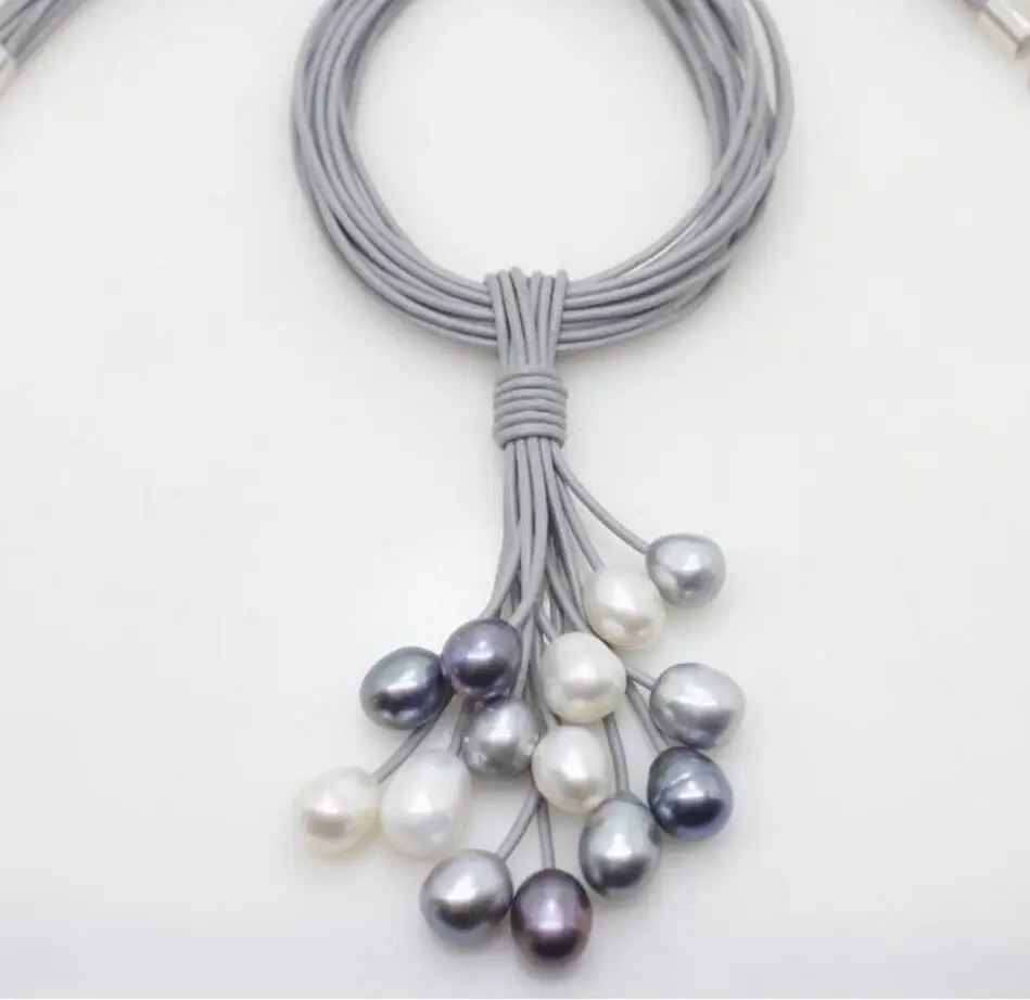 

12mm Real White Black Gray Freshwater Pearl Necklace Leather Cord Magnet Clasp Dongguan girl jewerly Store