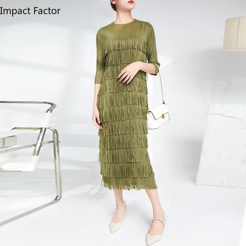 

2023 Miyake Fold Design Sense Minority Fringe Dress Medium And Long Women's Loose Leisure Party Dress