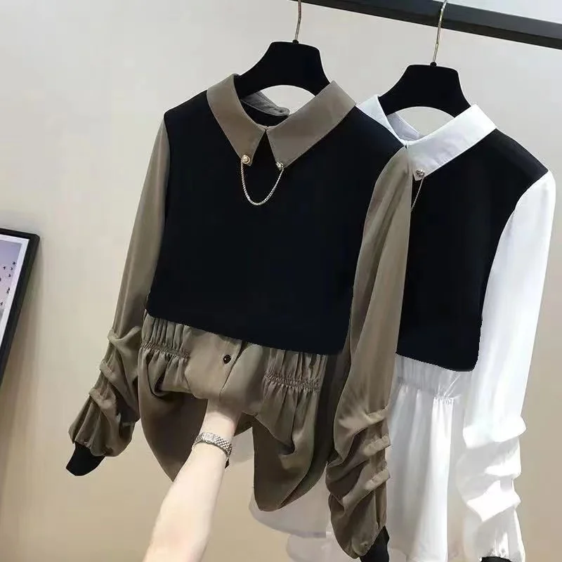 Spring Autumn Women Fake two-piece Shirt Stitching Long-sleeved Loose Blouses Plus size Personality Design Female Casual Tops
Spring Autumn Women Fake two-piece Shirt Stitching Long-sleeved Loose Blouses Plus size Personality Design Female Casual Tops