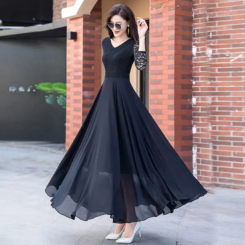 Female Spring Lace Chiffon Summer Autumn Can Wear Temperament Long-Sleeved Waist Closed V-Neck Long Solid Color Dress Women
Female Spring Lace Chiffon Summer Autumn Can Wear Temperament Long-Sleeved Waist Closed V-Neck Long Solid Color Dress Women