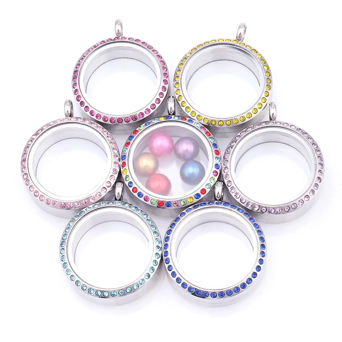 

2Pcs Openable 30mm Locket Stainless Steel Diamond-set Steel Color Round Glass Photo Box Pendant 13 Kinds of Color Diamonds