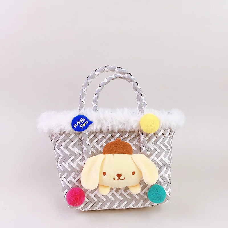 

Sanrioed Melody Kuromi Cinnamoroll Basket Handbag Shoulder Bags Twill Color Matching Woven Cute Kawaii Nylon Small Square Bag