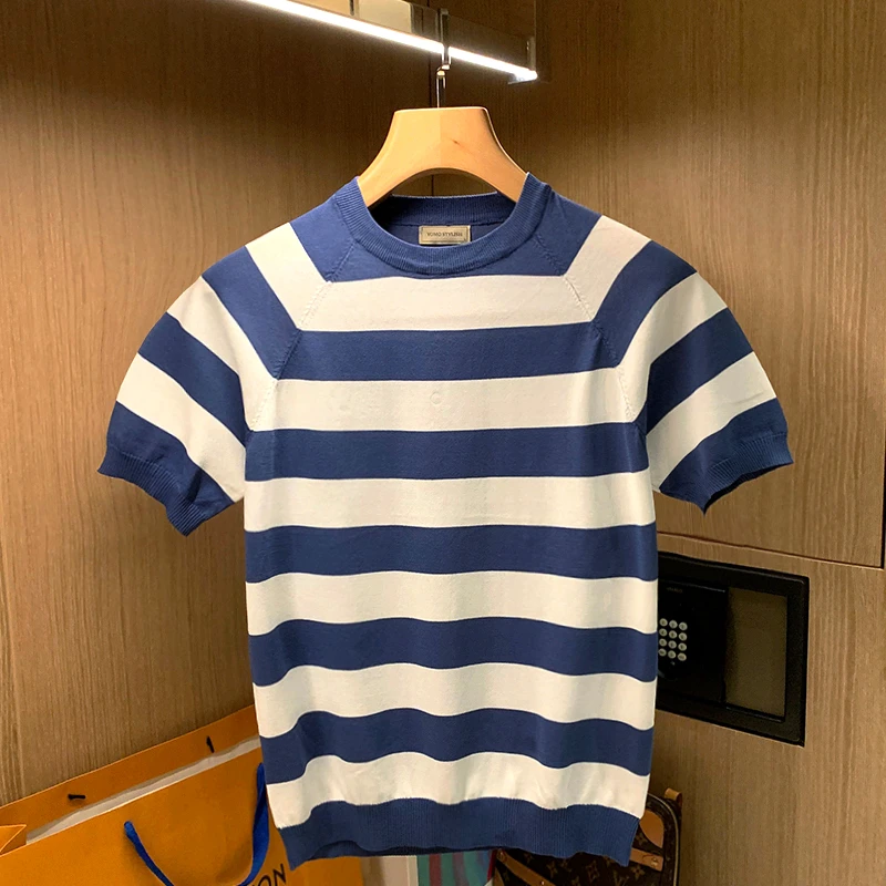 

2022 Men Summer Korean Fashion Breathable Ice Silk T-shirt Men's Stripe Contrast Knitted Tees Male Short Sleeve Slim Tops A75