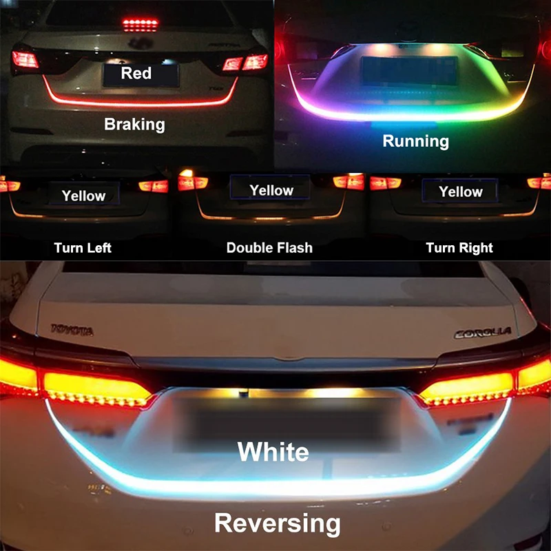 Car Rear Trunk Tail Light Colorful Dynamic Warning LED Strip Drl 120cm Auto Running Turn Signal Decorative Lamp Car accessories 
Car Rear Trunk Tail Light Colorful Dynamic Warning LED Strip Drl 120cm Auto Running Turn Signal Decorative Lamp Car accessories