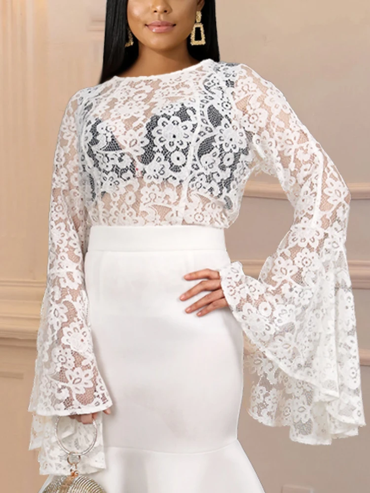 Sexy Women White Blouse Tops Flare Long Sleve Lace Transparent See Through Party Tops with Zipper Elegant Fashion Female 2022
Sexy Women White Blouse Tops Flare Long Sleve Lace Transparent See Through Party Tops with Zipper Elegant Fashion Female 2022