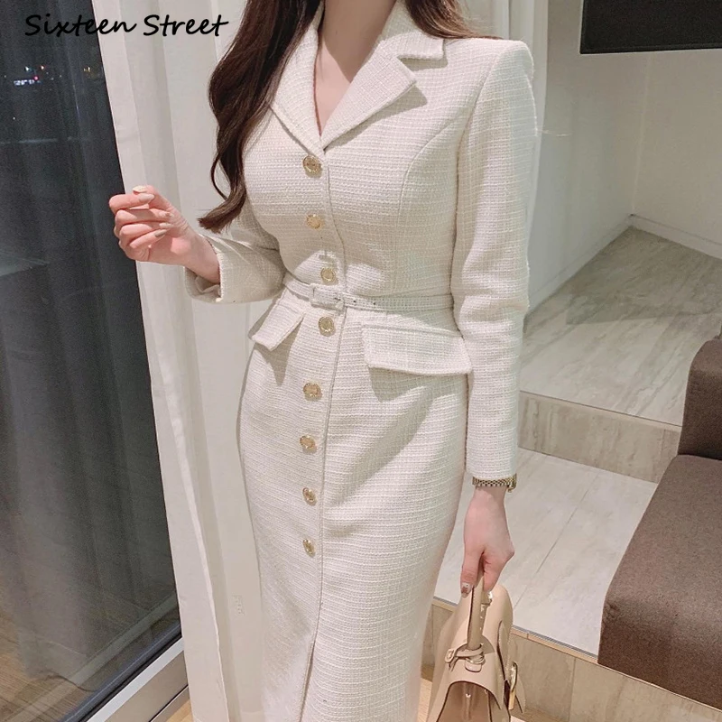 

White Long Tweed Dress Women Golden Button Winter 2023 Turn-down Elegant Woolen Blend Dress Ladies Business OL Vestidos 2023