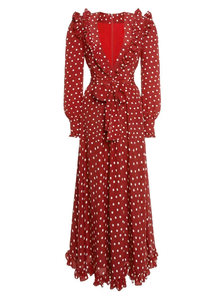 Женское платье в горошек, красное элегантное платье-трапеция с V-образным вырезом и длинным рукавом, праздвечерние чное платье в стиле ретро, лето 2023