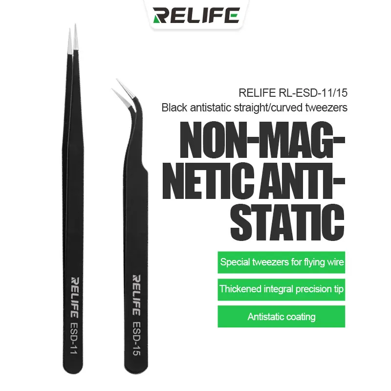 RELIFE ESD-11/15 Black precision antistatic straight/curved tweezers Non-magnetic Special tweezers for flying wire SMT BGA work
RELIFE ESD-11/15 Black precision antistatic straight/curved tweezers Non-magnetic Special tweezers for flying wire SMT BGA work