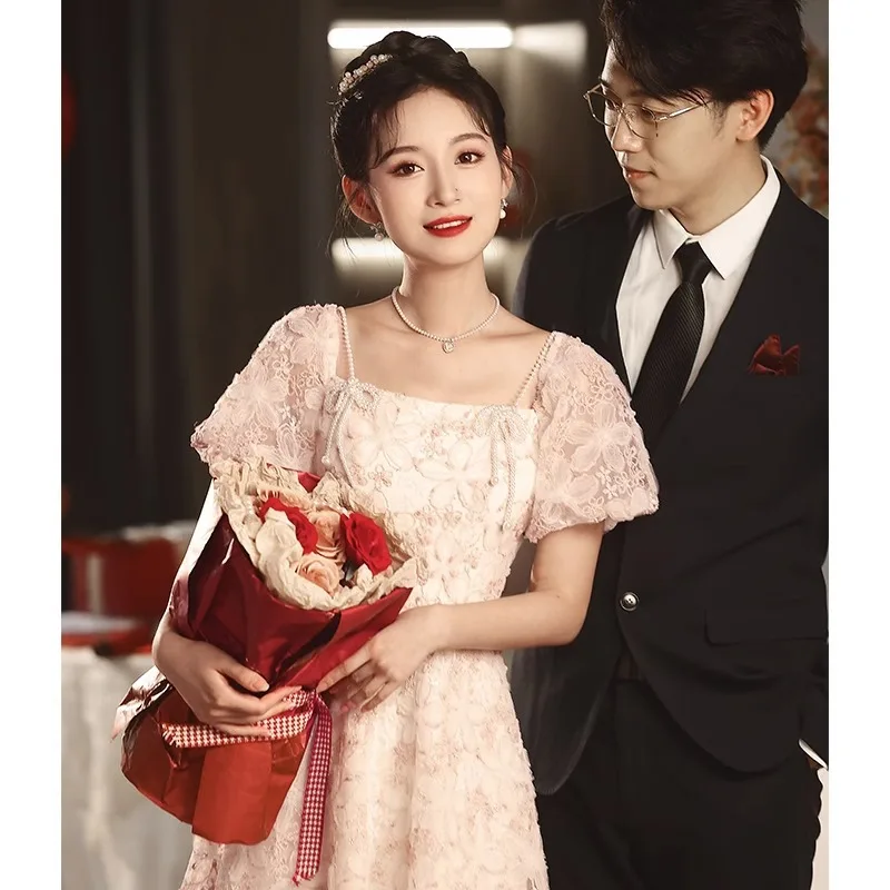 Pink Toast Dress Bride Style French High-Grade Elegant Lace Dress wedding guest dresses L0791
Pink Toast Dress Bride Style French High-Grade Elegant Lace Dress wedding guest dresses L0791