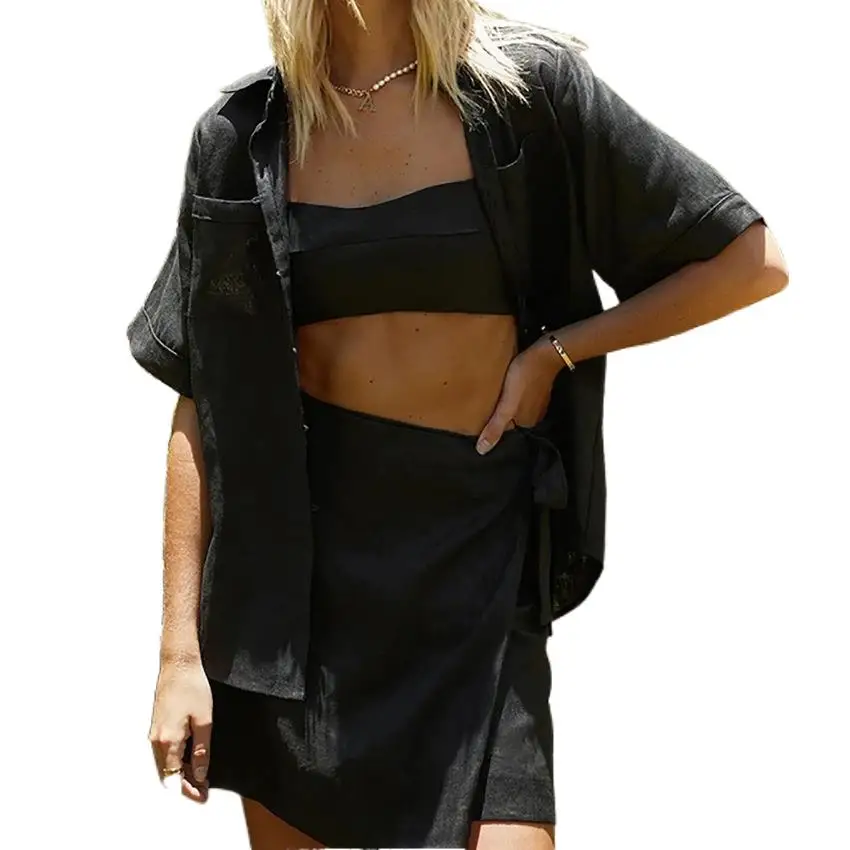 Summer Causal Loose Women Shirt Skirt Suit Short Sleeve Shirt High Wasit Lace Up Skirt 2 Pieces Set Fashion Solid Lady Outfits
Summer Causal Loose Women Shirt Skirt Suit Short Sleeve Shirt High Wasit Lace Up Skirt 2 Pieces Set Fashion Solid Lady Outfits