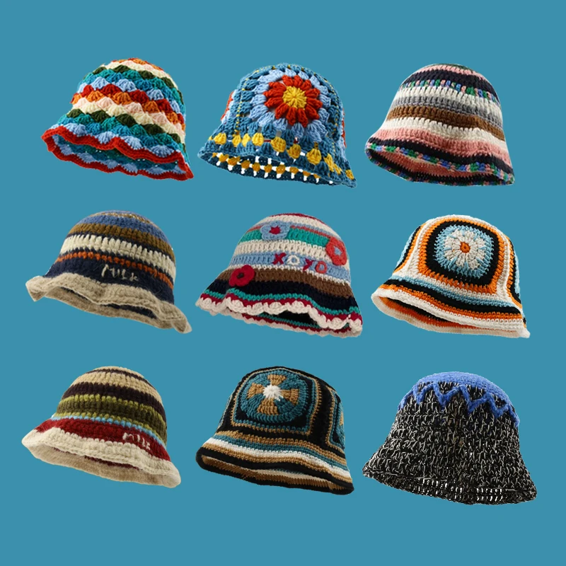 

Cute Dopamine Wind Japanese Handmade Crochet Knitted Bucket Hat Rainbow Rhombus Plaid Wool Bucket Winter Basin Hat Bucket Hat