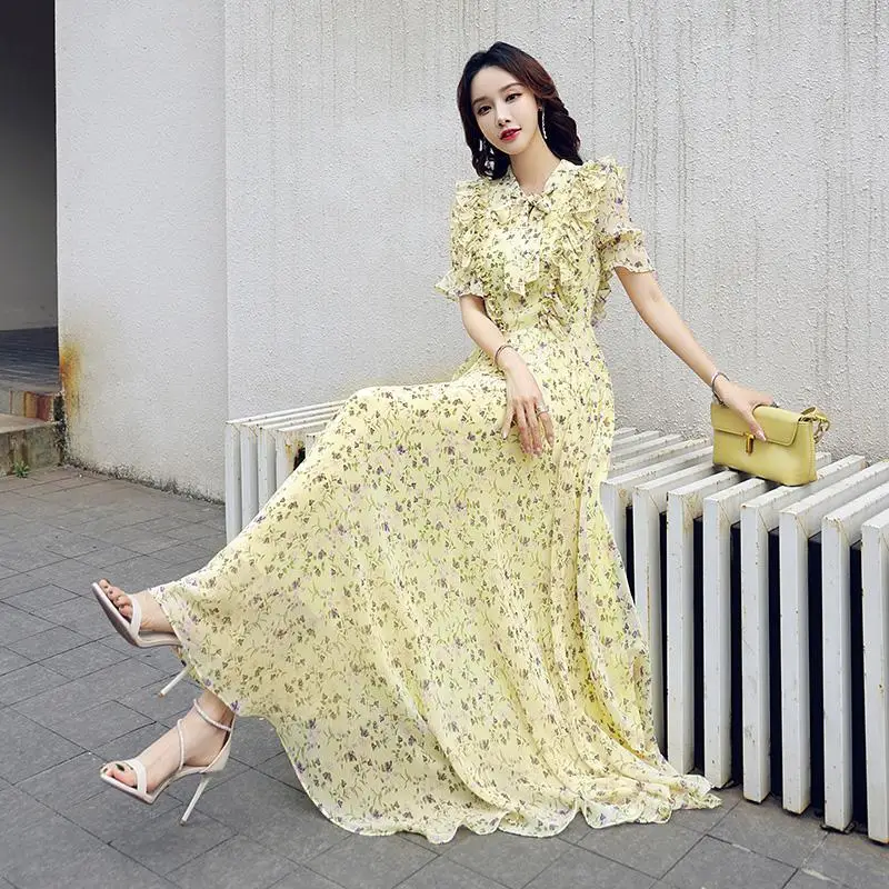 Korean Style Retro Long Women Party Print Chic Yellow Flower Vintage Bow Lantern Sleeve Dress High Casual Dress Slim Dresses
Korean Style Retro Long Women Party Print Chic Yellow Flower Vintage Bow Lantern Sleeve Dress High Casual Dress Slim Dresses