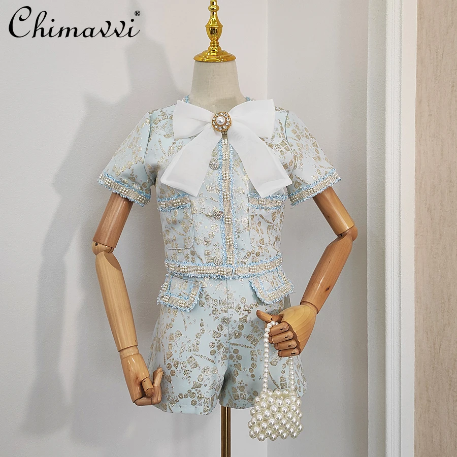 Summer 2022 New Fashion Jacquard Beaded Slim Fit Casual Two-Piece Set Ladies Beaded Bowknot Top High Waist Shorts Suit Female
Summer 2022 New Fashion Jacquard Beaded Slim Fit Casual Two-Piece Set Ladies Beaded Bowknot Top High Waist Shorts Suit Female