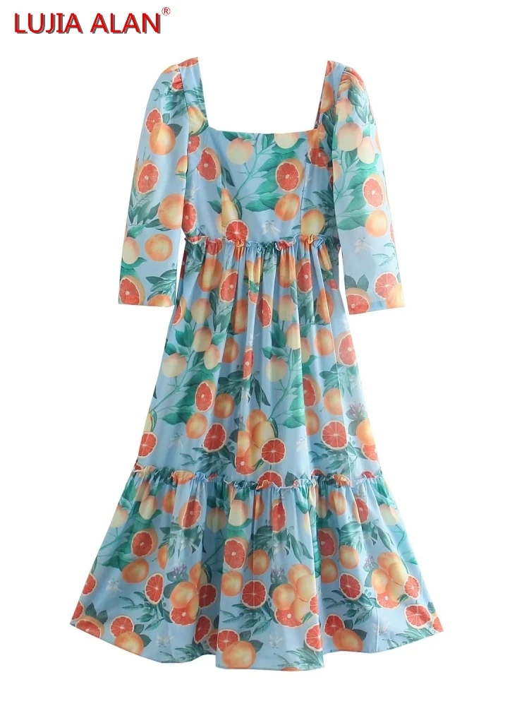 Elegant Women Fruit Printing Square Collar Dress Summer Female Three Quarter Sleeve Midi Vestidos LUJIA ALAN D9598
Elegant Women Fruit Printing Square Collar Dress Summer Female Three Quarter Sleeve Midi Vestidos LUJIA ALAN D9598