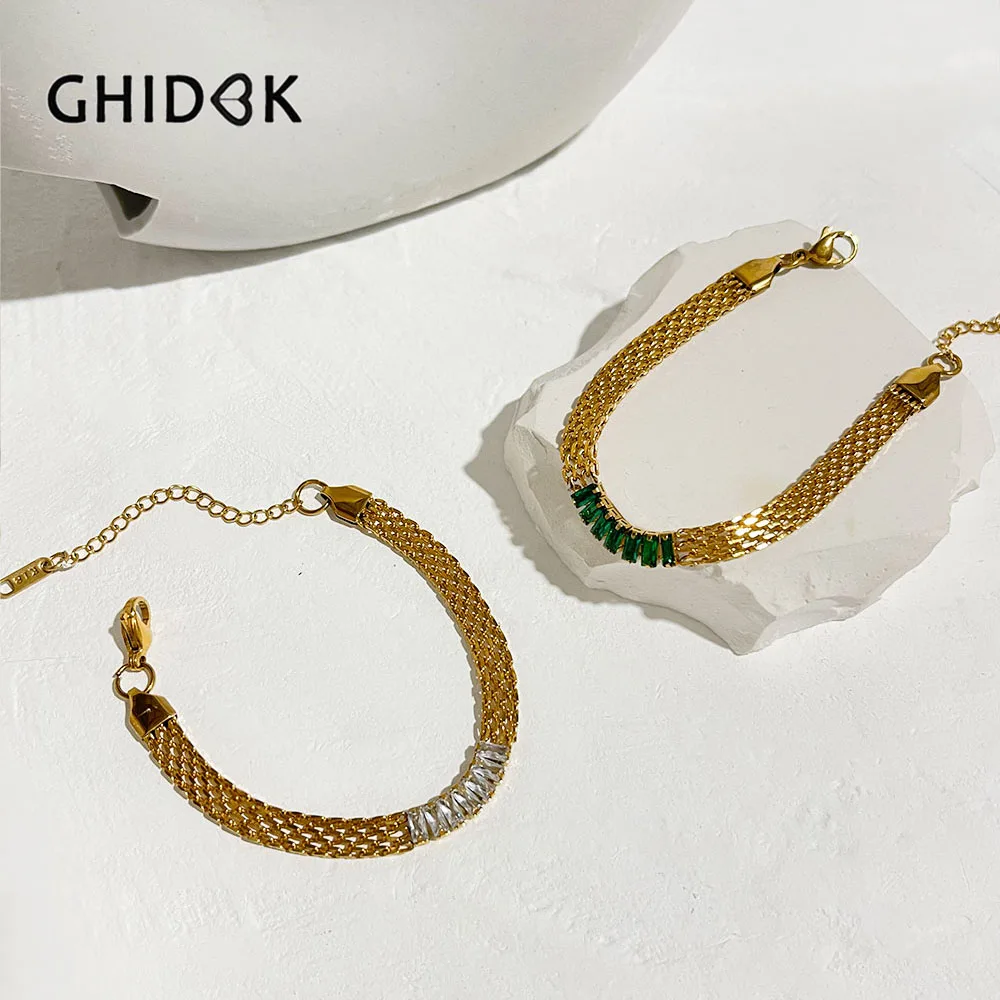 GHIDBK Anti Tarnish Stainless Steel 18K Gold Plated Mesh Wide Bracelet with Baguette Cz Zircon Arm Jewelry Women Gifts New In
GHIDBK Anti Tarnish Stainless Steel 18K Gold Plated Mesh Wide Bracelet with Baguette Cz Zircon Arm Jewelry Women Gifts New In