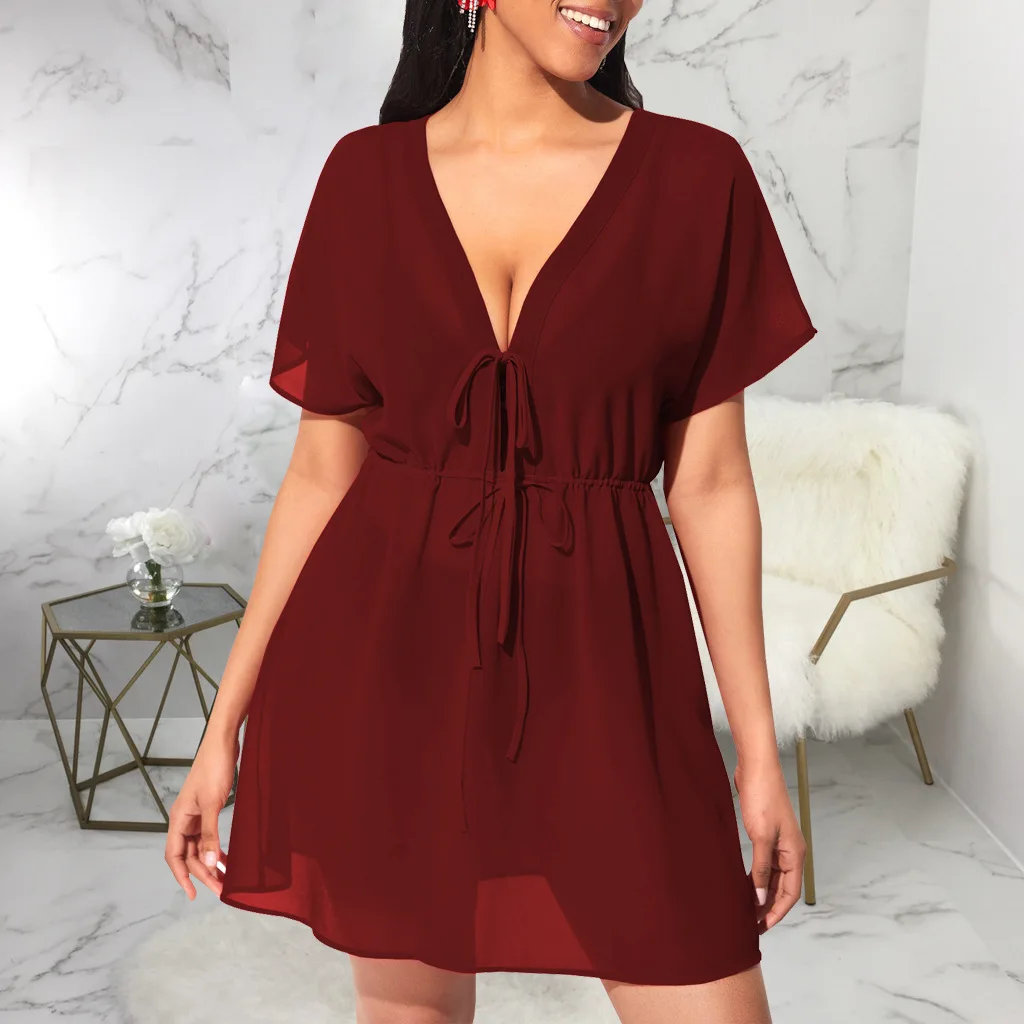 2022 Fashion Women's Summer Sexy V-neck Tie-up Short-sleeved Solid Color Dress Casual Chiffon A-line Mini Skirt
2022 Fashion Women's Summer Sexy V-neck Tie-up Short-sleeved Solid Color Dress Casual Chiffon A-line Mini Skirt
