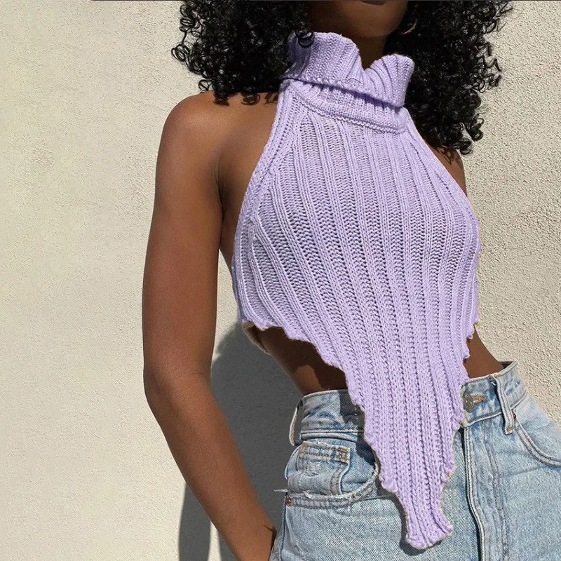 Sexy Tops Women Summer 2022 Fashion Backless Solid Color Turtleneck Irregular Knitted Vest Sweater Slim Fit Knitted Tops Woman 
Sexy Tops Women Summer 2022 Fashion Backless Solid Color Turtleneck Irregular Knitted Vest Sweater Slim Fit Knitted Tops Woman