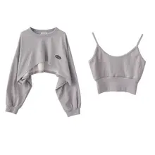 Womens Fashion Asymmetrical Cropped Camis Sweatshirt 2 Piece Casual Solid Long Sleeve Female Pullovers Chic Tops