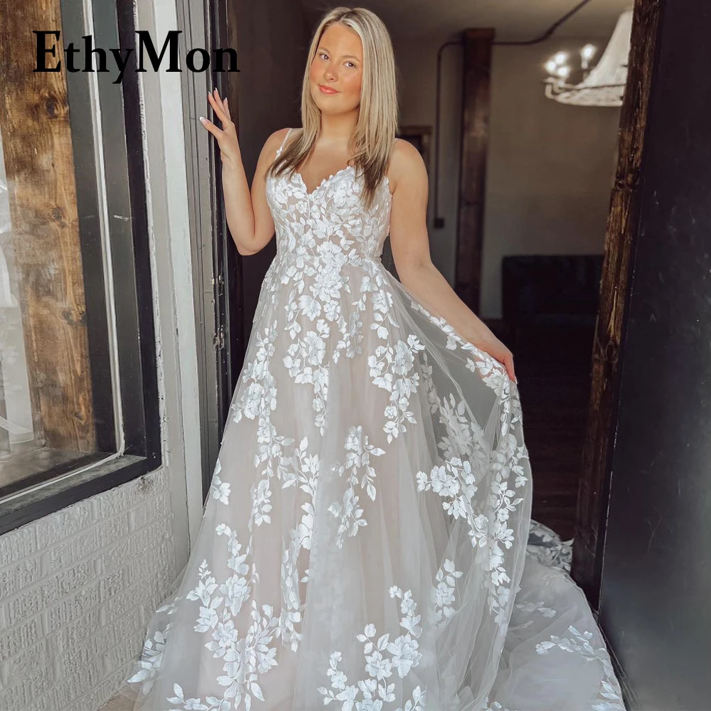 

Ethymon Trendy Backless Brides Wedding Dresses V-neck Lace Appliques A-line Court Train Sleeveless Abito Da Sposa Customized