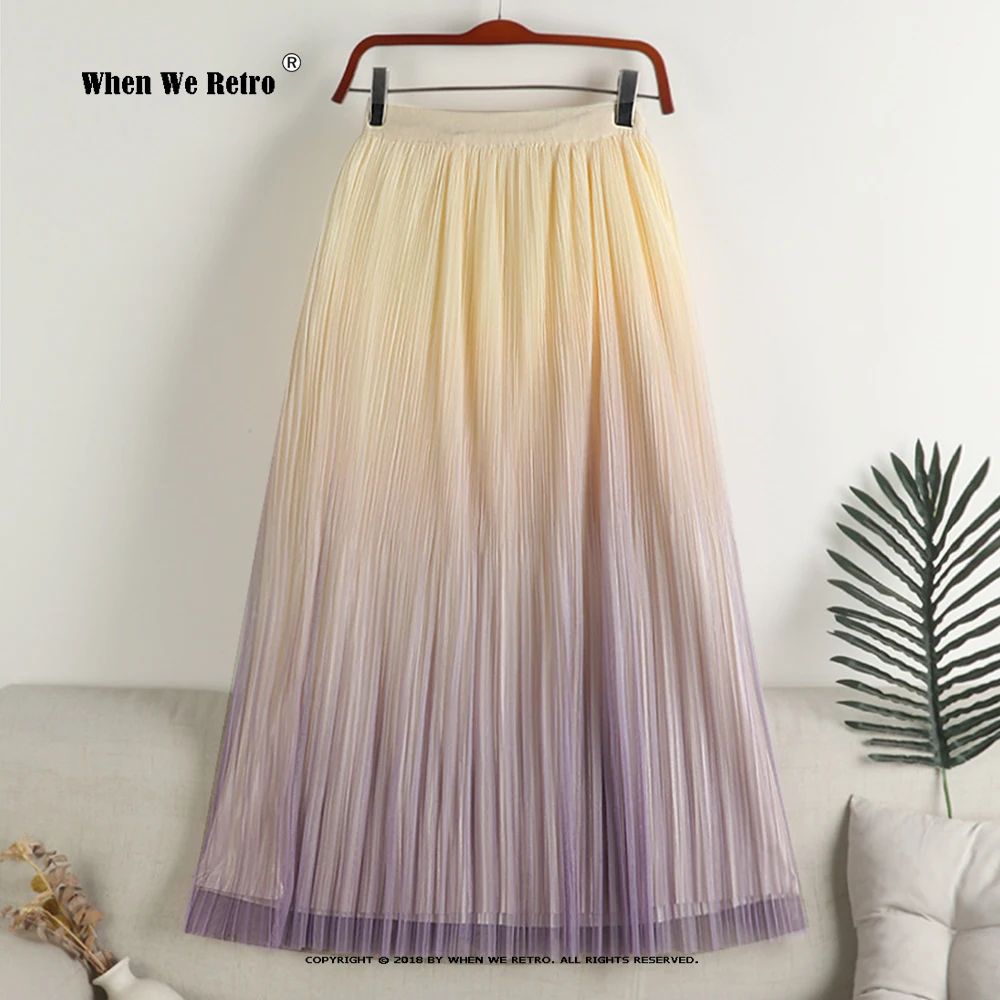 Плиссированная юбка с градиентом, розовая, фиолетовая, зеленая длинная юбка из тюля с эластичным поясом, повседневная двухсторонняя юбка VD4137, 2023