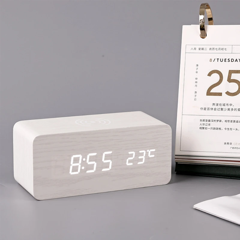 Modern Digital Alarm Clocks with Thermometer Wireless Charger Clocks Wooden 4 Color LED Calendar for Living Room Desk Home Decor
Modern Digital Alarm Clocks with Thermometer Wireless Charger Clocks Wooden 4 Color LED Calendar for Living Room Desk Home Decor
